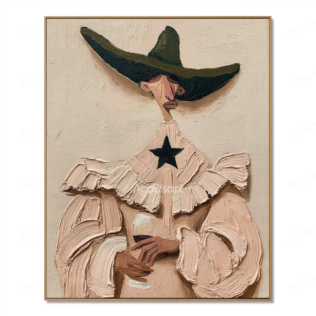 Textured fashion wall art of a woman in a wide-brim hat, ruffled blush dress, black star collar, and holding a wine glass