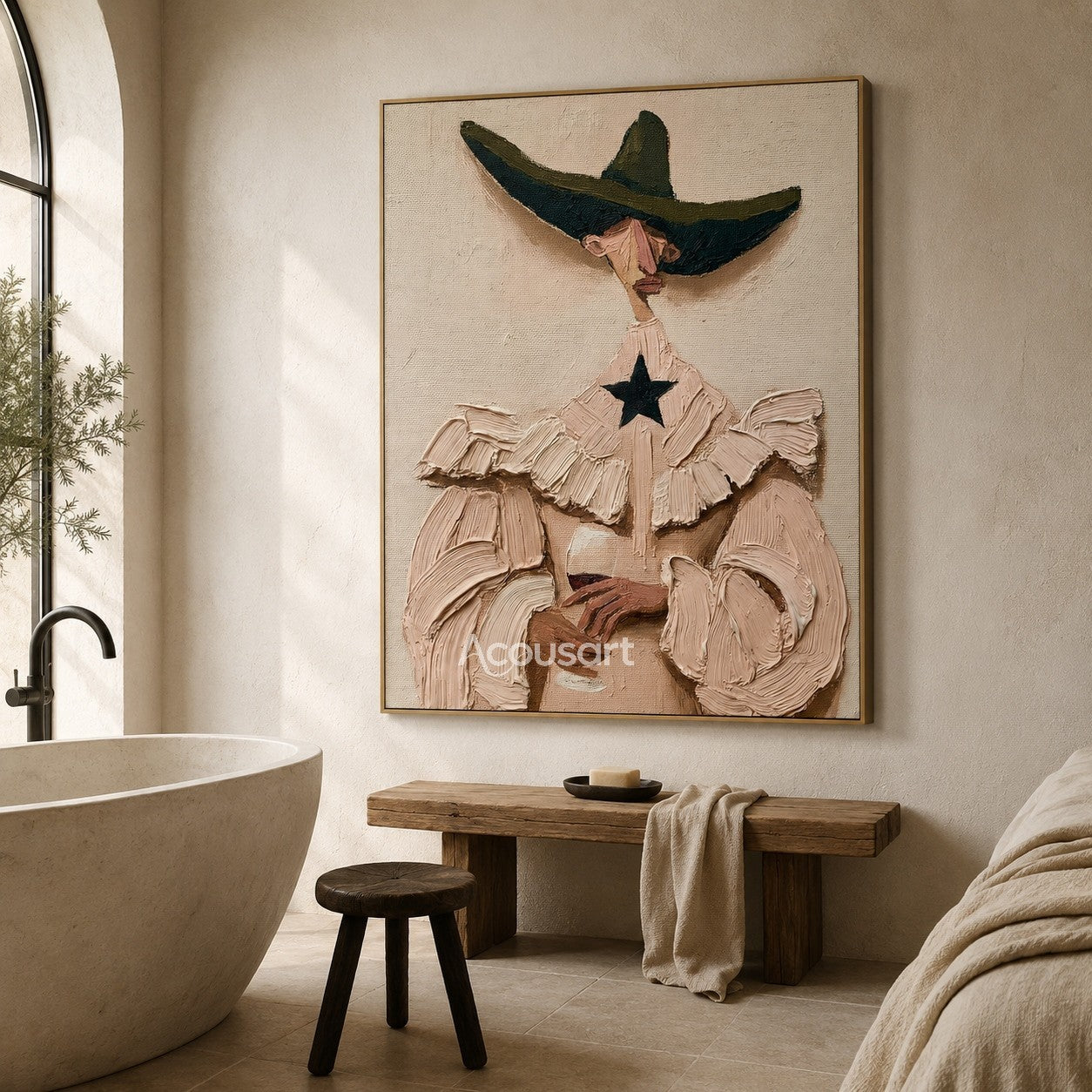 Textured fashion wall art of a woman in a wide-brim hat, ruffled blush dress, black star collar, and holding a wine glass