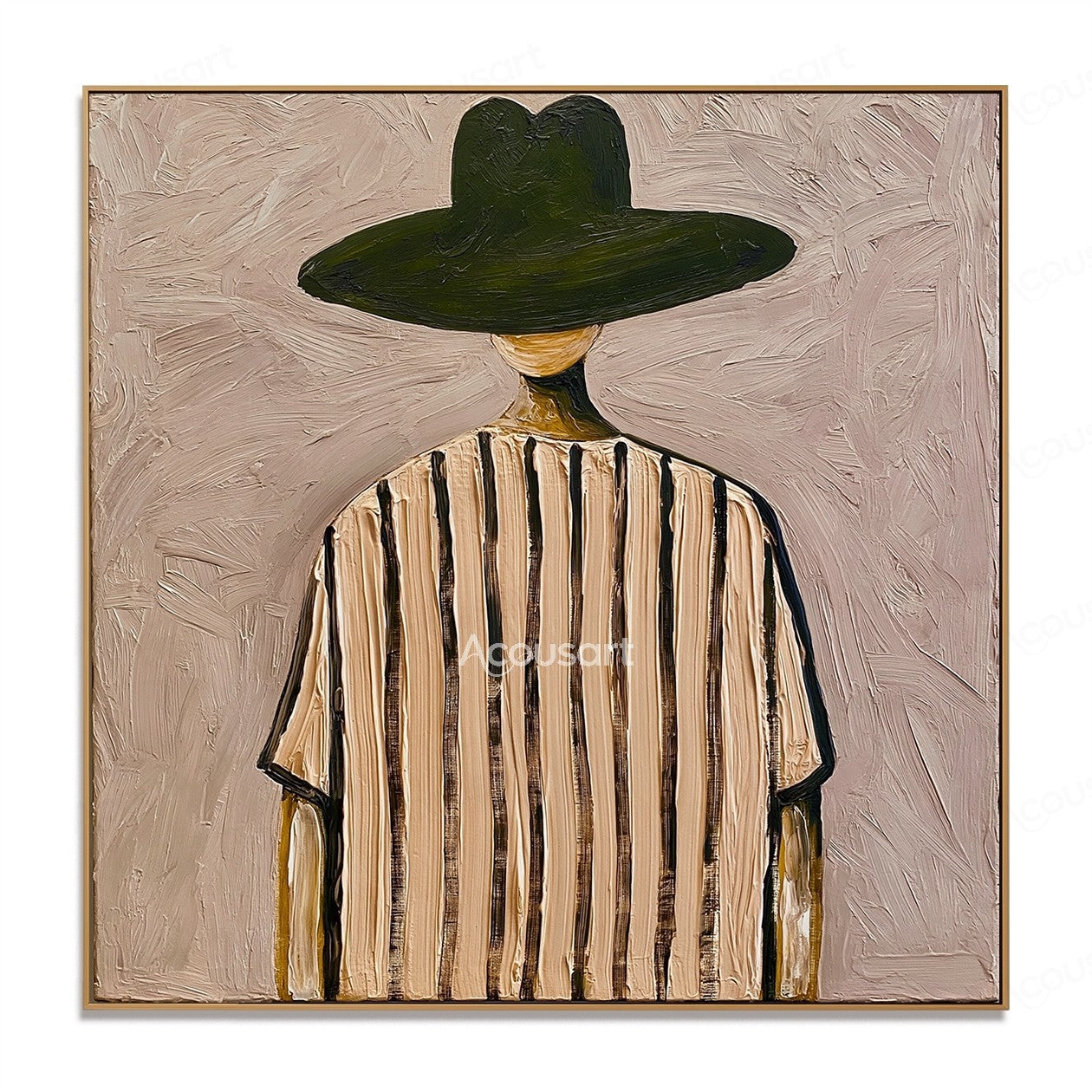 Minimalist back view figure wall art with a wide dark green hat and cream striped clothing on a textured mauve beige background