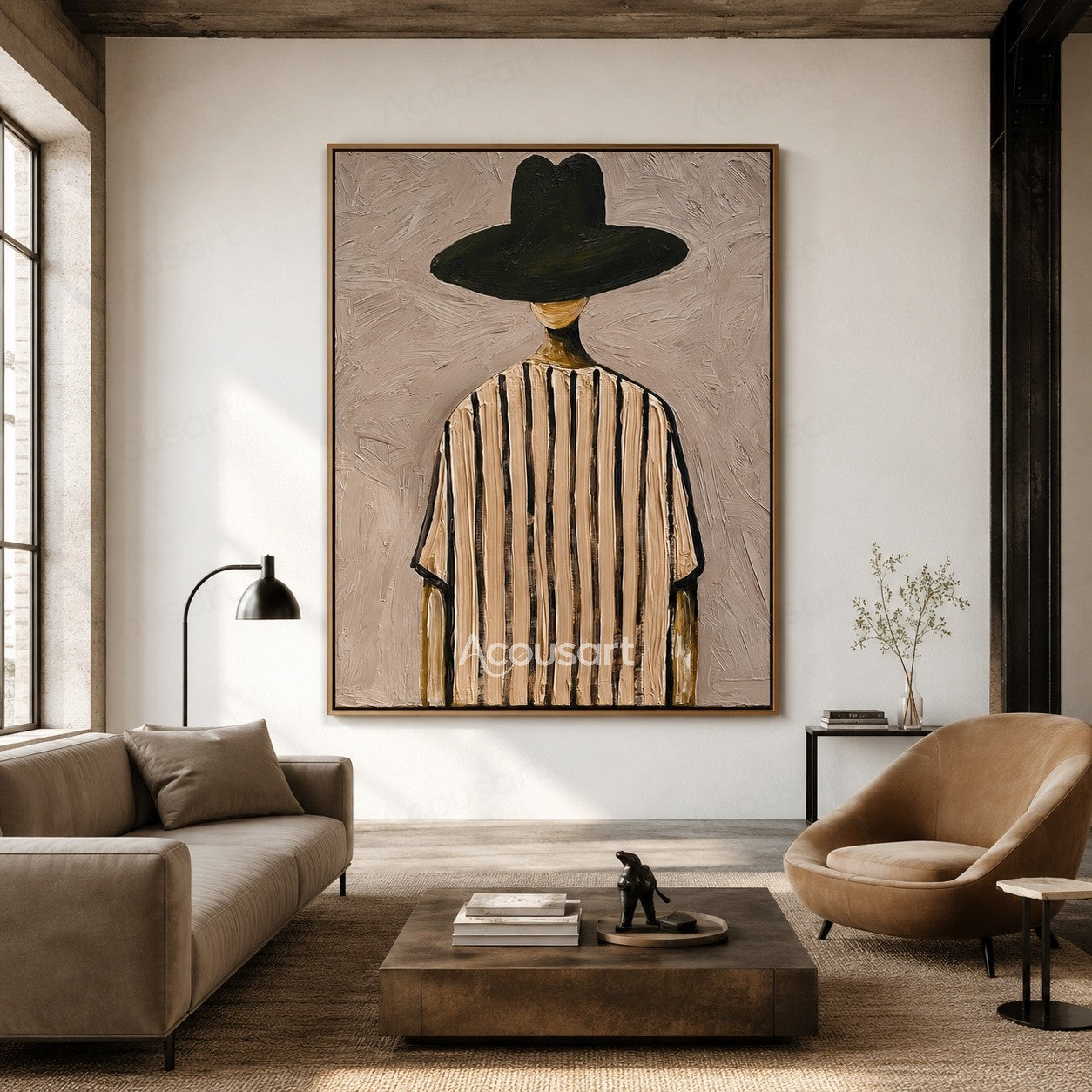 Minimalist back view figure wall art with a wide dark green hat and cream striped clothing on a textured mauve beige background