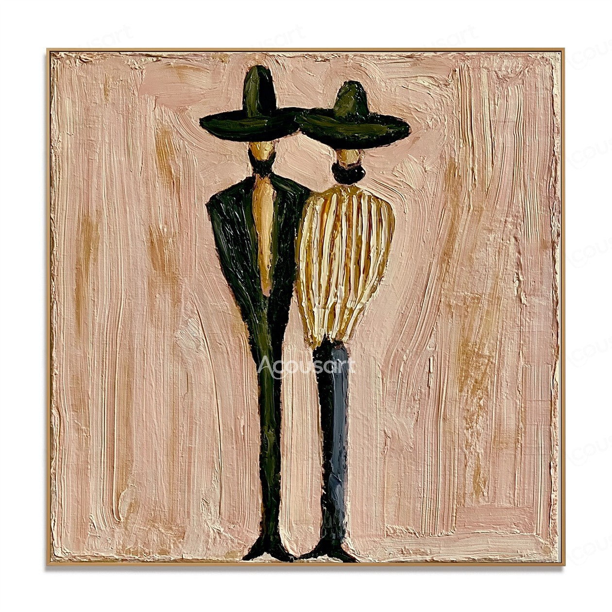 Minimalist couple figure wall art with two tall figures in dark hats on a warm beige textured background