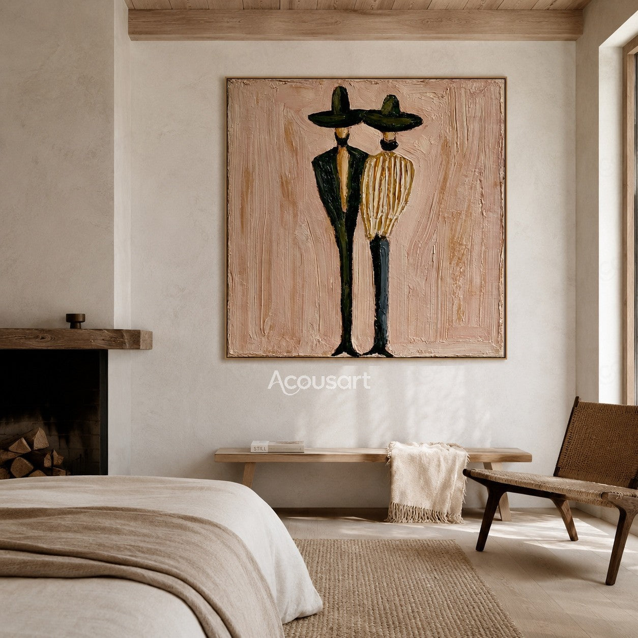 Minimalist couple figure wall art with two tall figures in dark hats on a warm beige textured background
