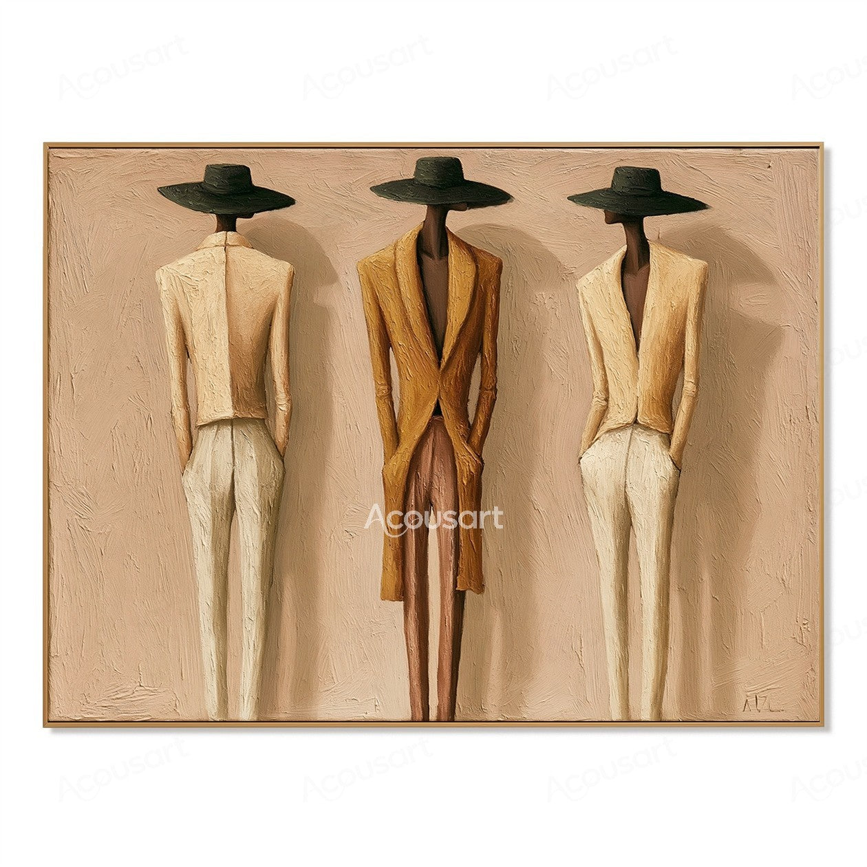 Neutral figurative wall art featuring three tall fashion figures in black hats, cream suits, and a golden-brown coat