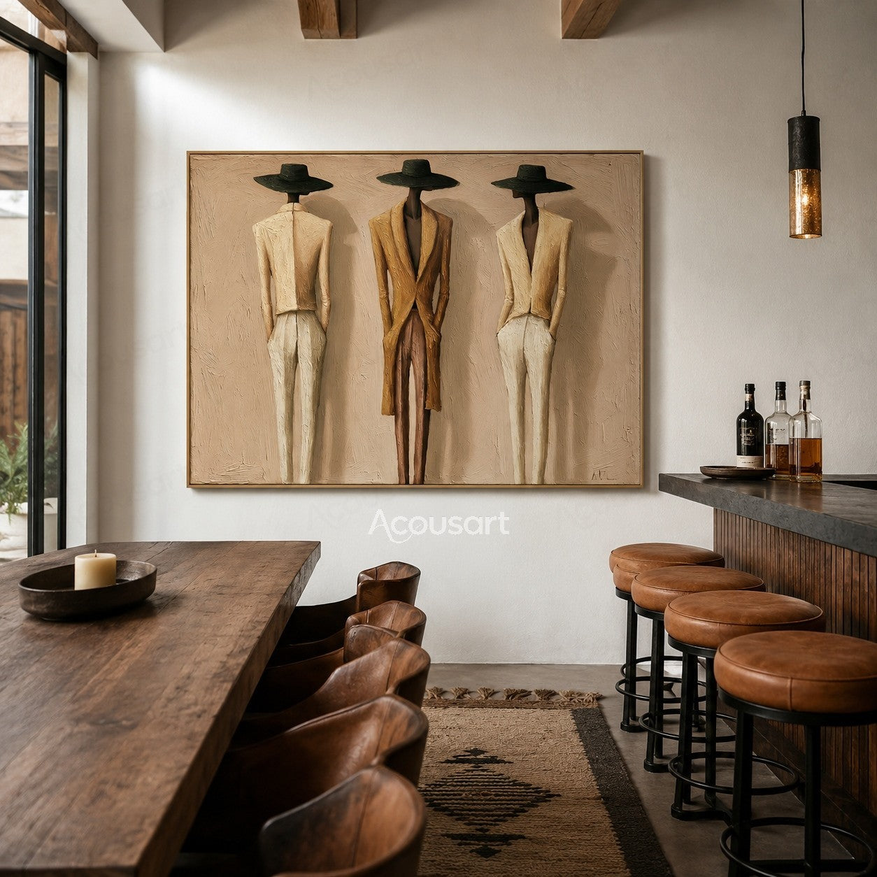 Neutral figurative wall art featuring three tall fashion figures in black hats, cream suits, and a golden-brown coat