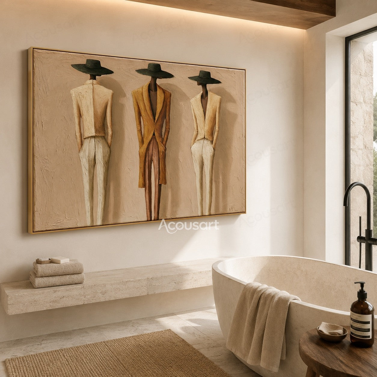 Neutral figurative wall art featuring three tall fashion figures in black hats, cream suits, and a golden-brown coat
