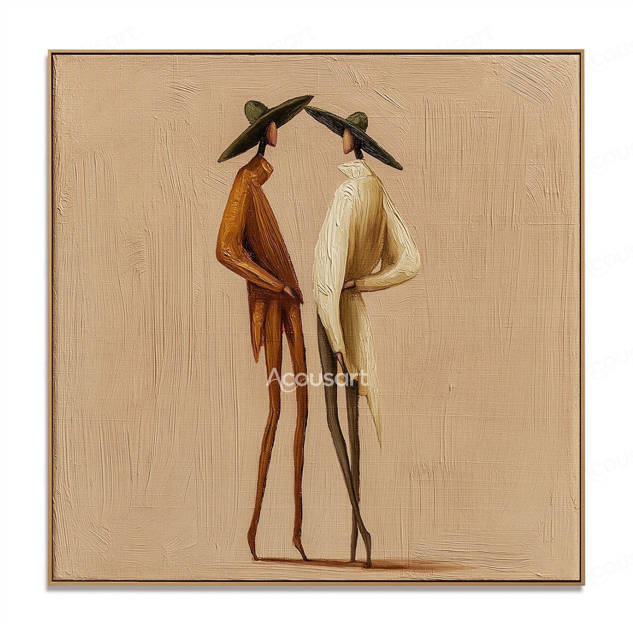Minimalist two figures wall art featuring tall figures in wide hats on a warm beige textured background