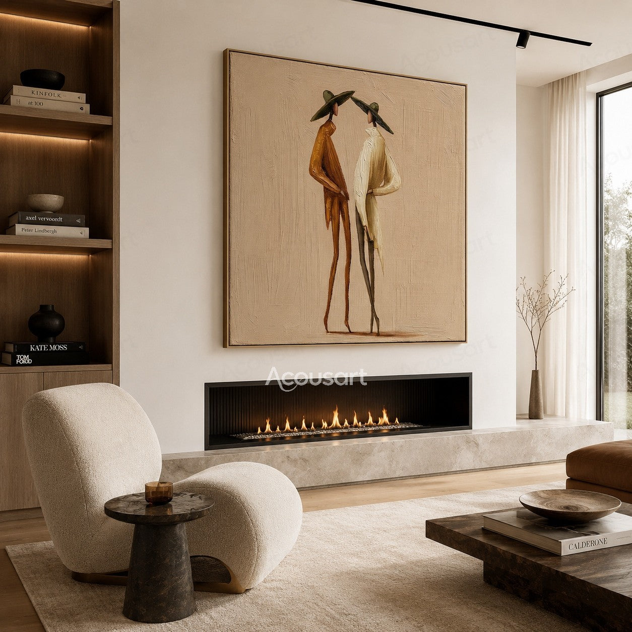 Minimalist two figures wall art featuring tall figures in wide hats on a warm beige textured background