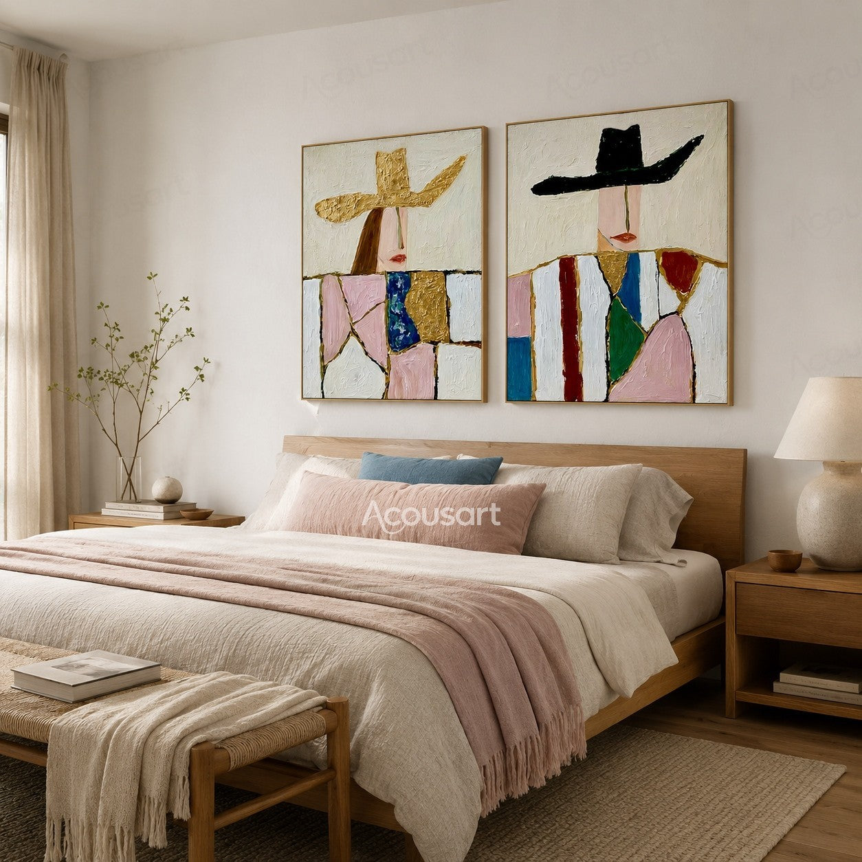 Colorful two piece portrait wall art featuring modern figures in large gold and black hats with textured patchwork clothing