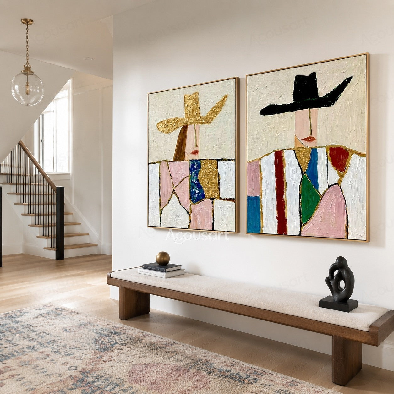 Colorful two piece portrait wall art featuring modern figures in large gold and black hats with textured patchwork clothing