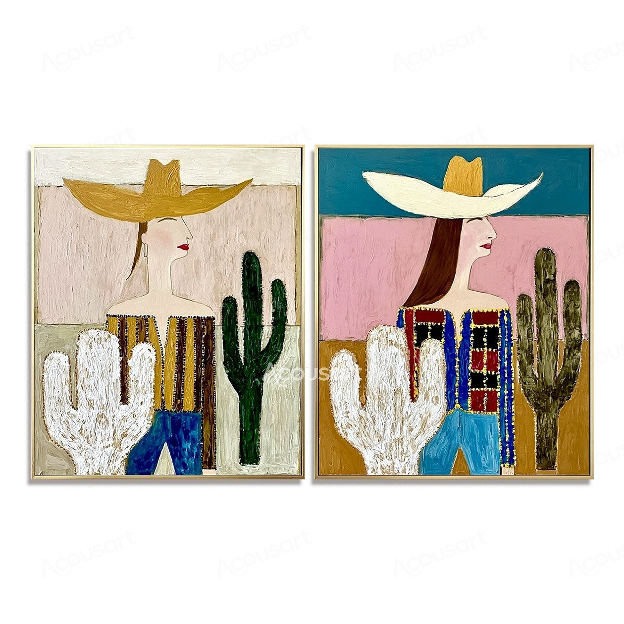 Two piece cactus figurative wall art featuring women in wide hats with colorful desert-inspired backgrounds