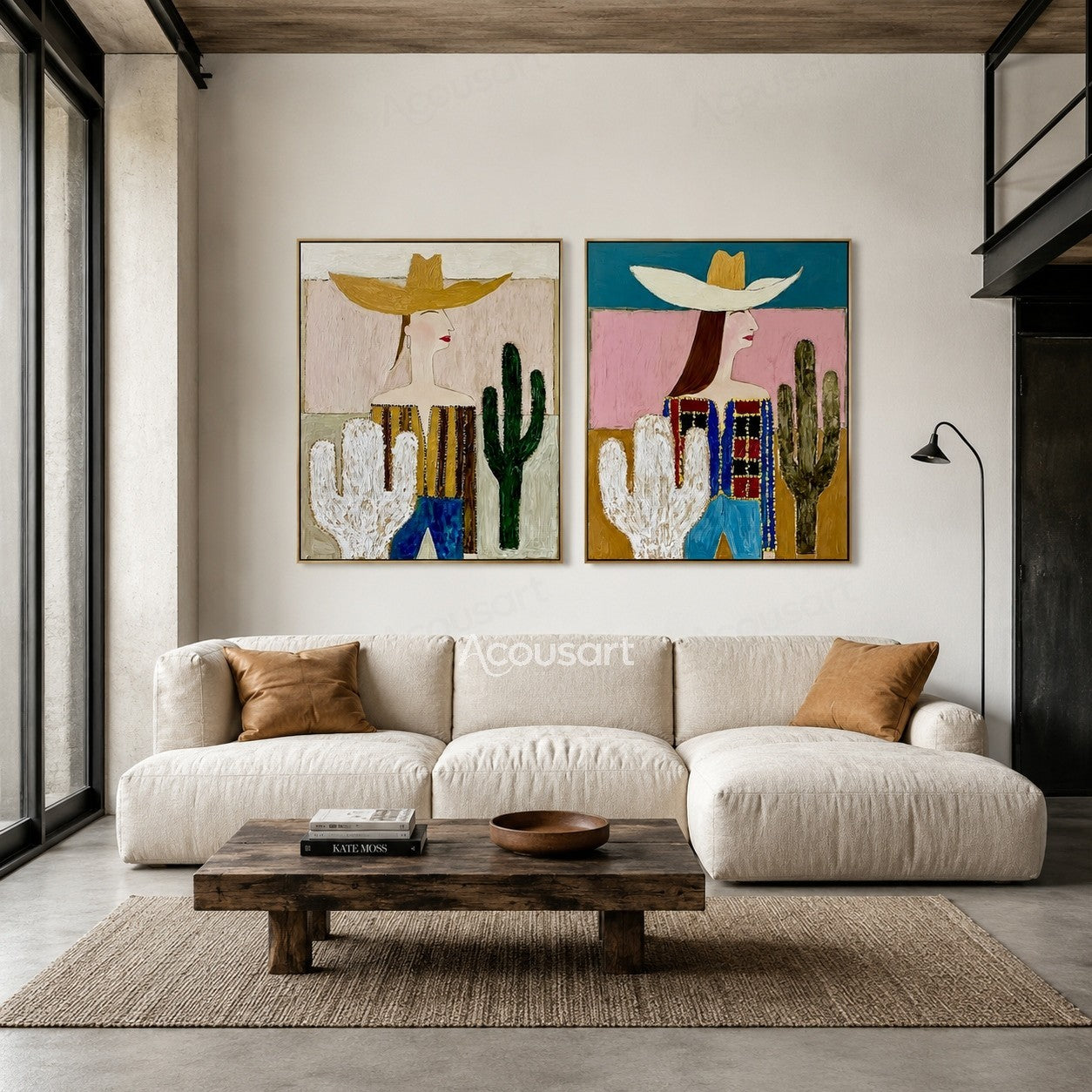 Two piece cactus figurative wall art featuring women in wide hats with colorful desert-inspired backgrounds