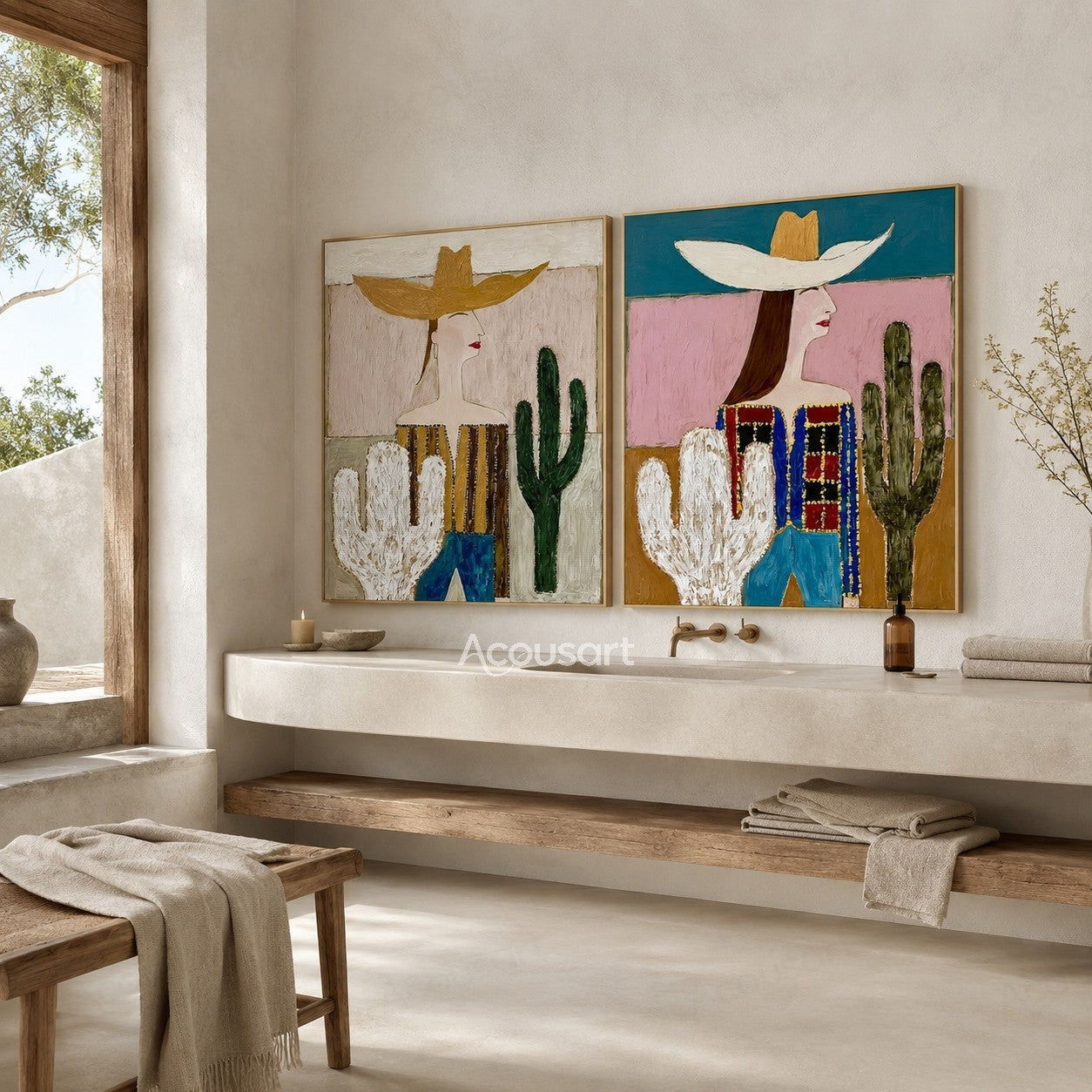 Two piece cactus figurative wall art featuring women in wide hats with colorful desert-inspired backgrounds