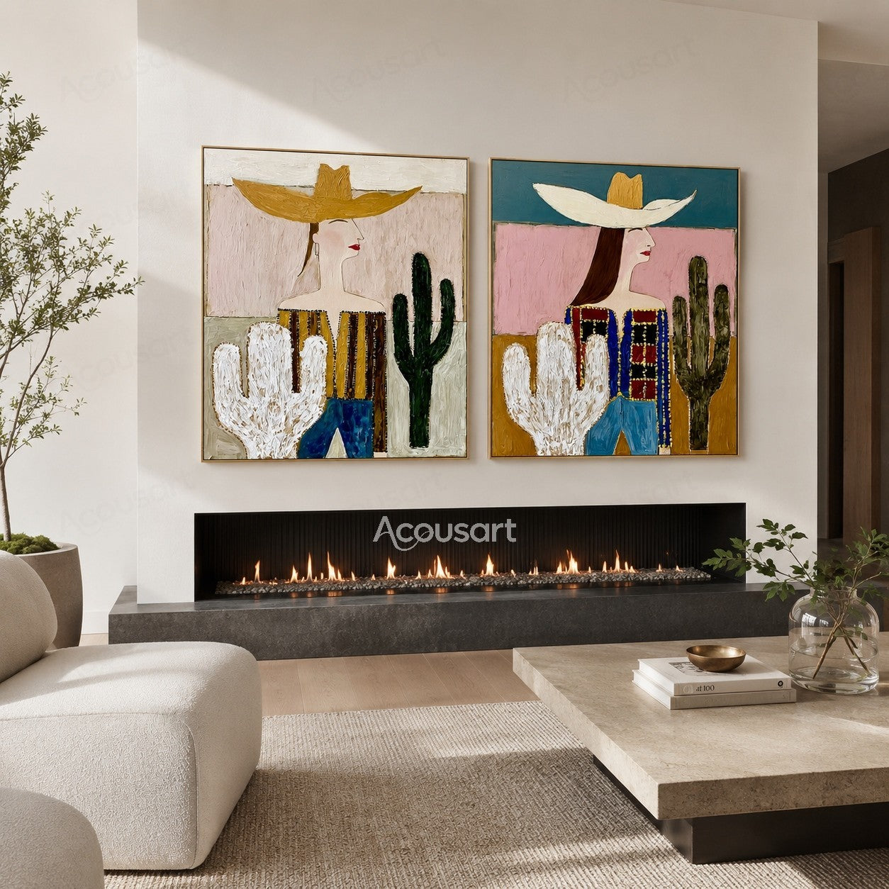 Two piece cactus figurative wall art featuring women in wide hats with colorful desert-inspired backgrounds