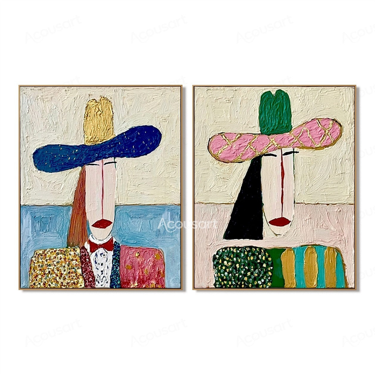 Two piece modern figurative wall art with colorful portraits in large hats