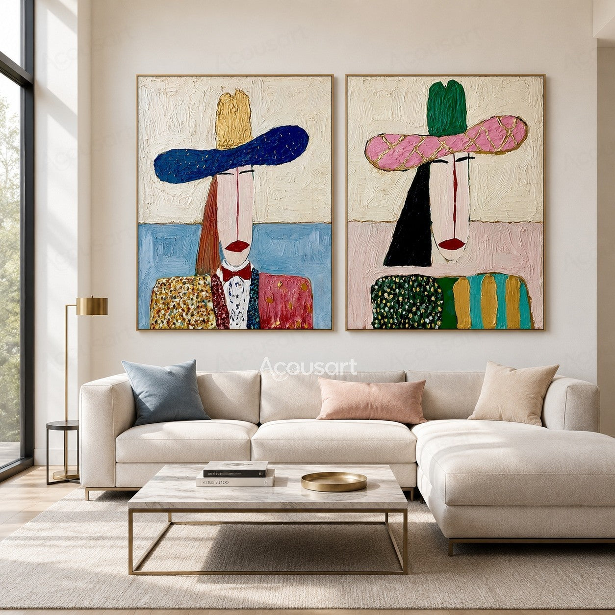 Two piece modern figurative wall art with colorful portraits in large hats