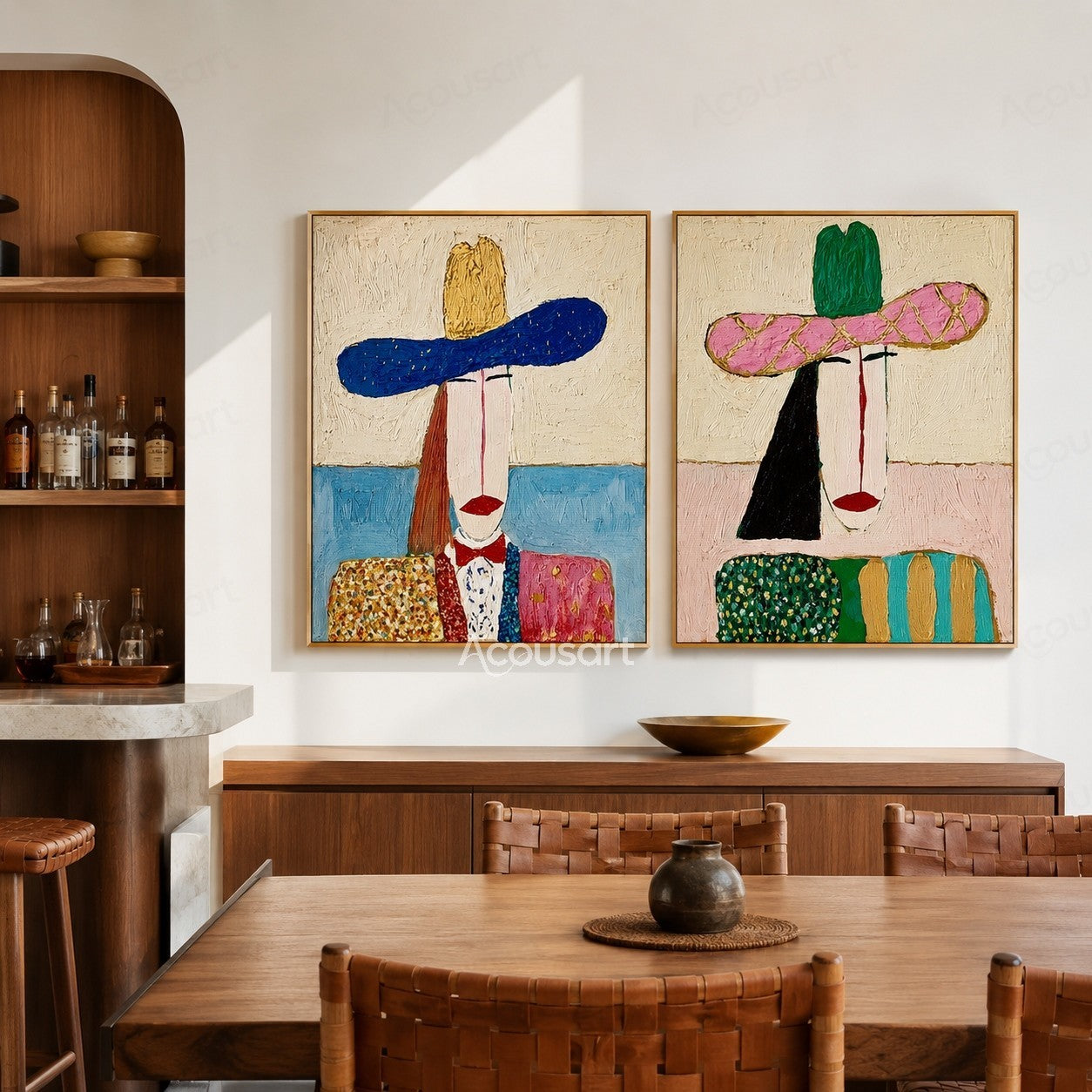 Two piece modern figurative wall art with colorful portraits in large hats