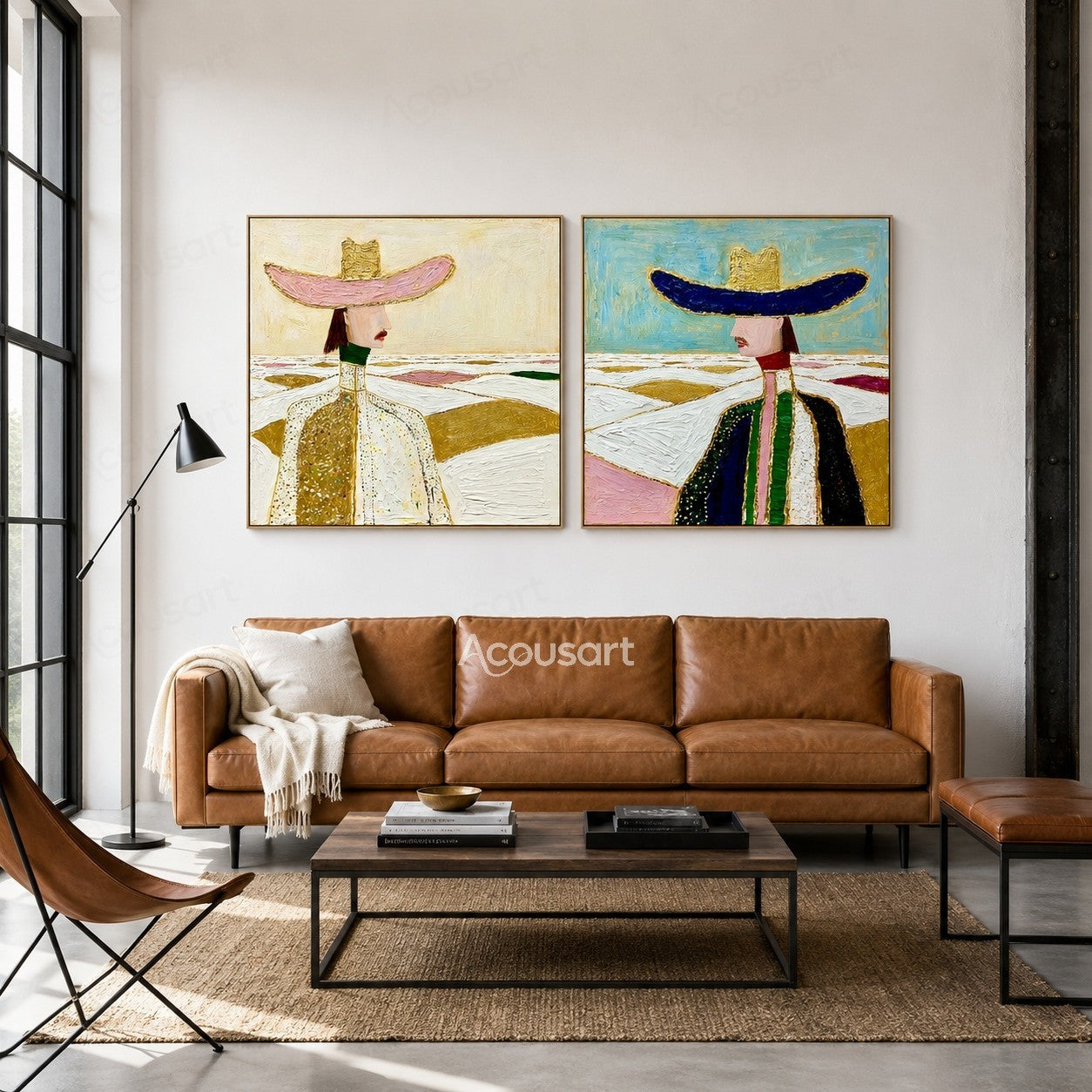Two piece figurative wall art of elegant women in wide-brim hats with gold, pink, blue, and green landscape backgrounds