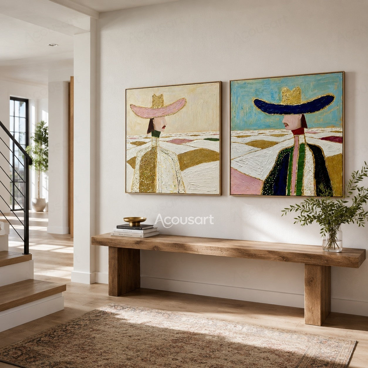 Two piece figurative wall art of elegant women in wide-brim hats with gold, pink, blue, and green landscape backgrounds