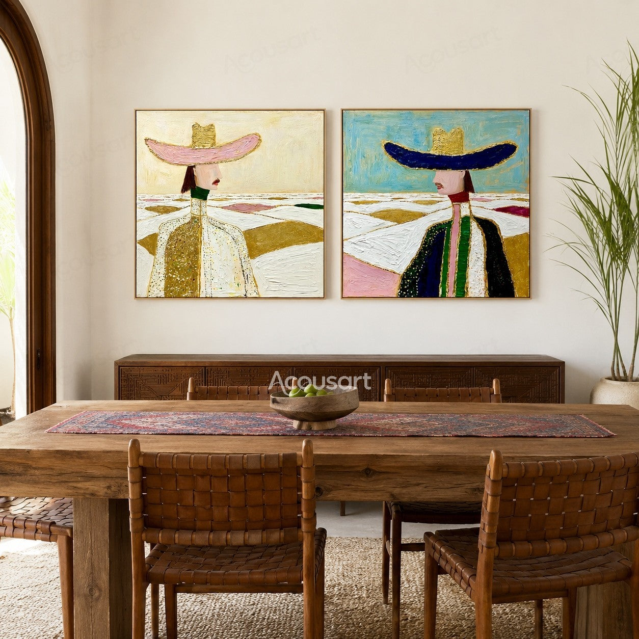 Two piece figurative wall art of elegant women in wide-brim hats with gold, pink, blue, and green landscape backgrounds