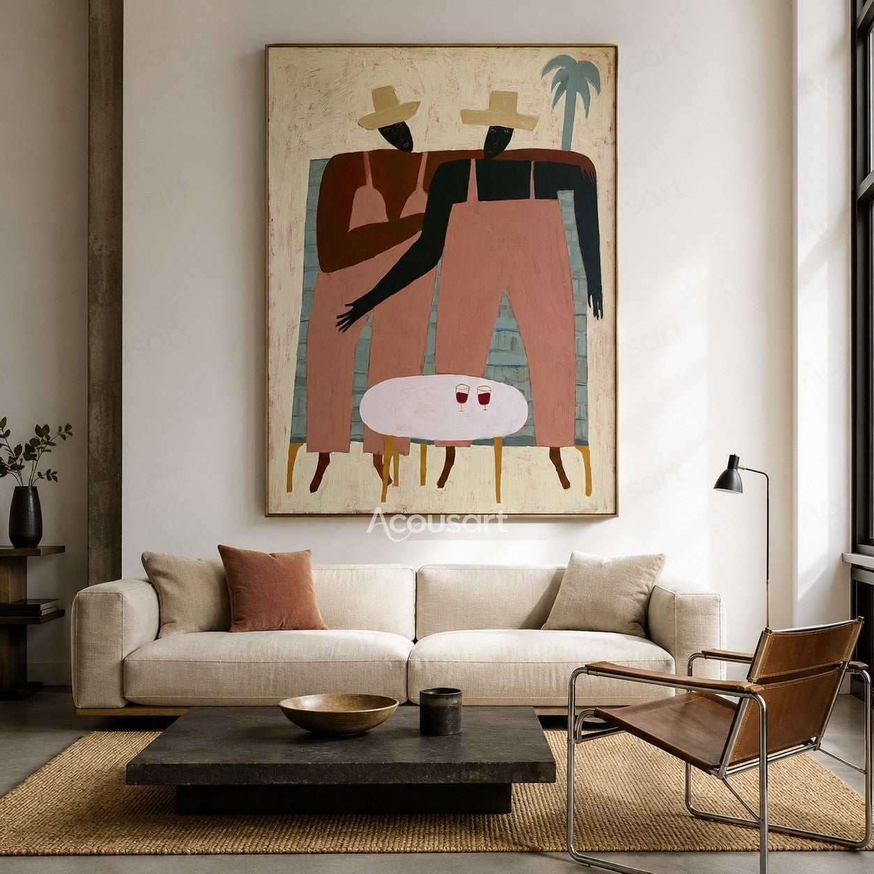 Modern figurative wall art of two women in cream sun hats sitting together with drinks and a blue palm tree