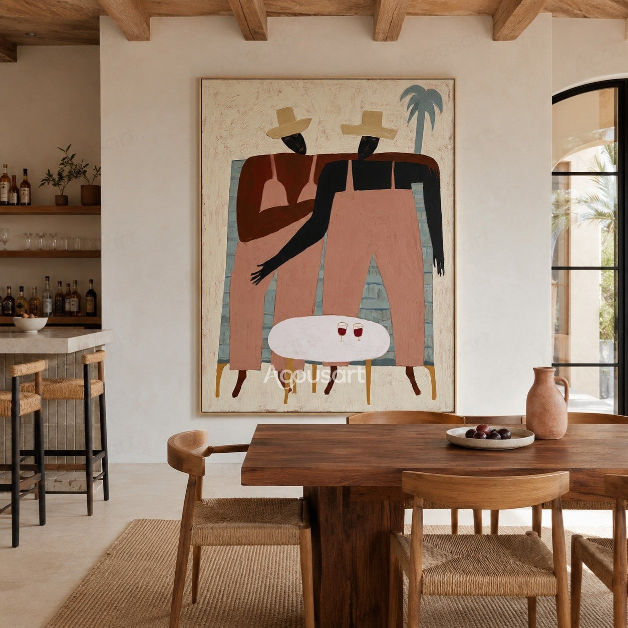 Modern figurative wall art of two women in cream sun hats sitting together with drinks and a blue palm tree