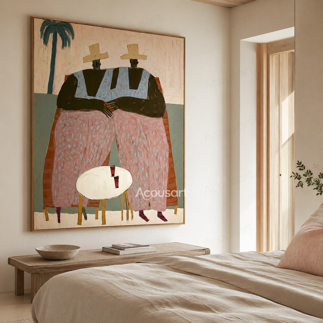 Contemporary figurative wall art of two friends in cream hats, blue tops, and pink pants seated by a table with drinks and a palm tree