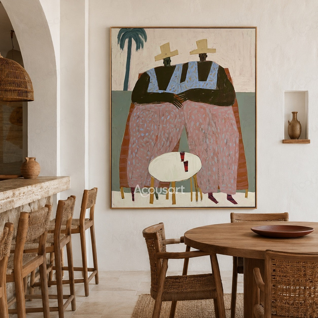 Contemporary figurative wall art of two friends in cream hats, blue tops, and pink pants seated by a table with drinks and a palm tree