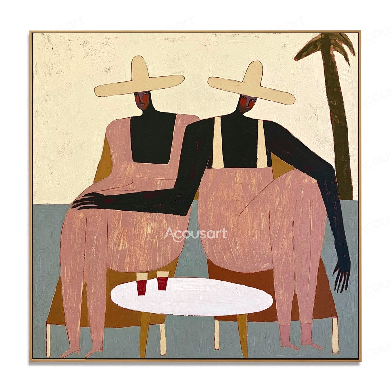 Contemporary figurative wall art of two women in cream sun hats and pink outfits seated beside a white table with drinks and a palm tree