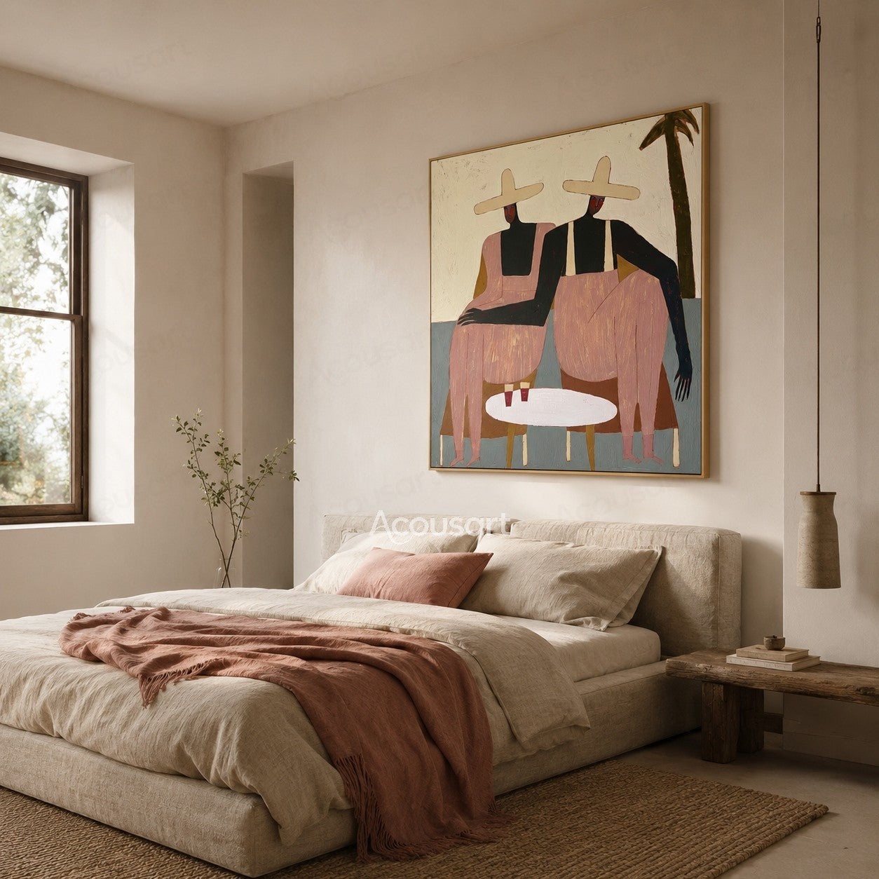 Contemporary figurative wall art of two women in cream sun hats and pink outfits seated beside a white table with drinks and a palm tree