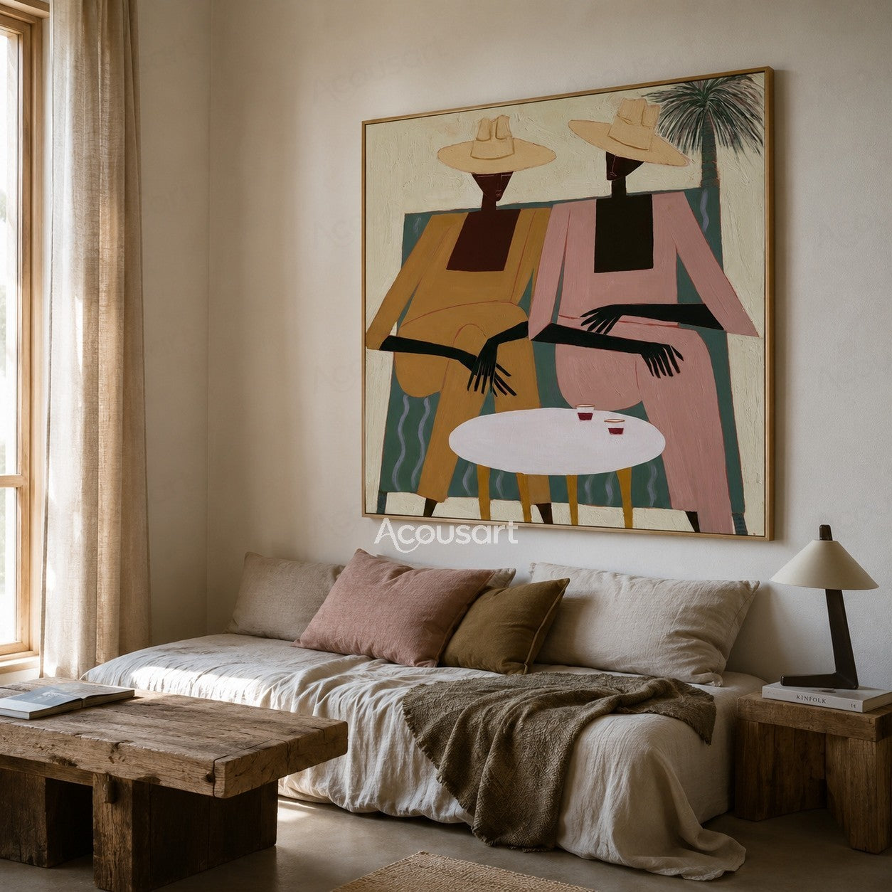 Modern figurative wall art of two women in sun hats seated by a white table with drinks and a palm tree