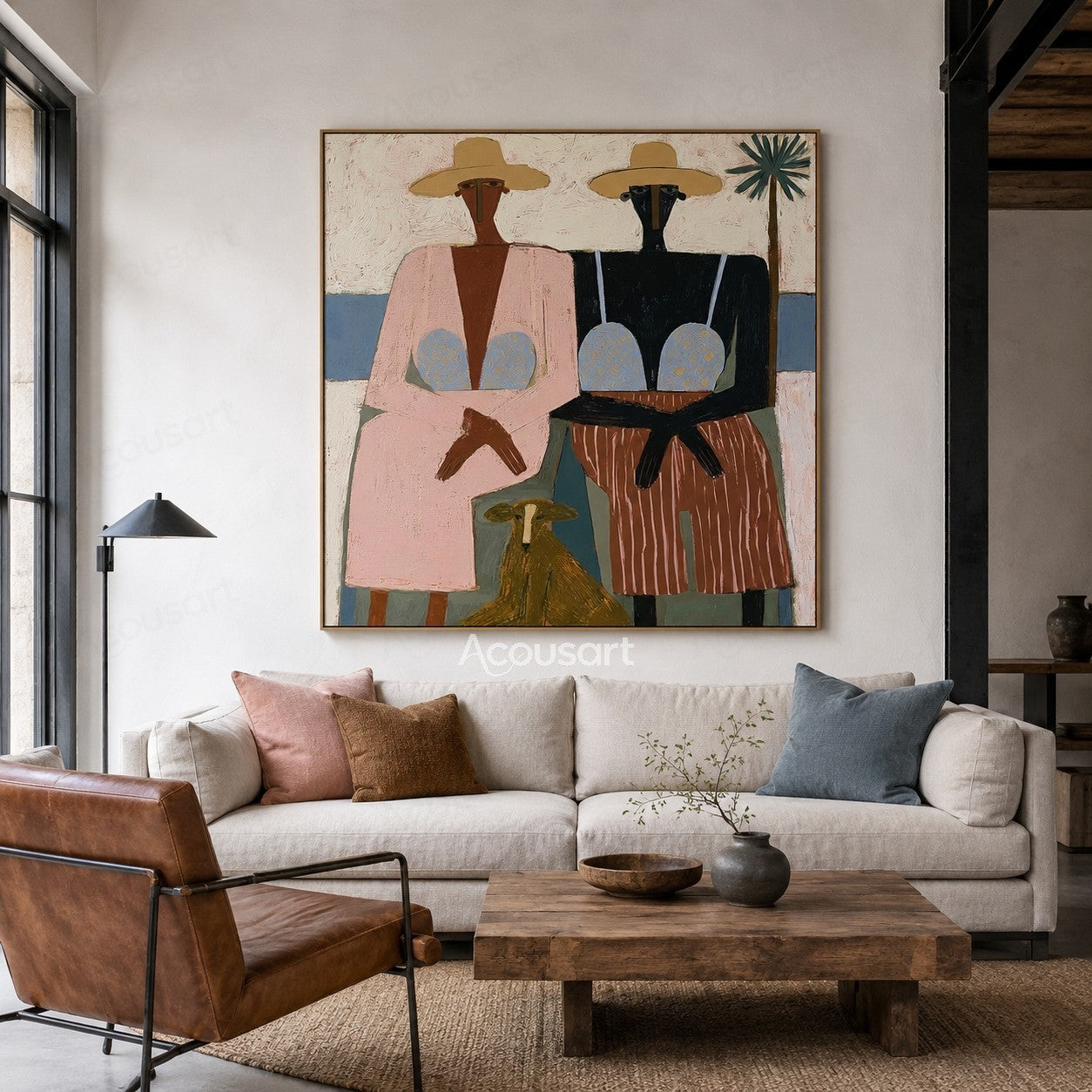 Modern figurative painting of two seated women with a dog and palm tree