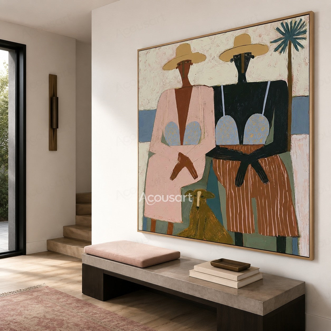 Modern figurative painting of two seated women with a dog and palm tree