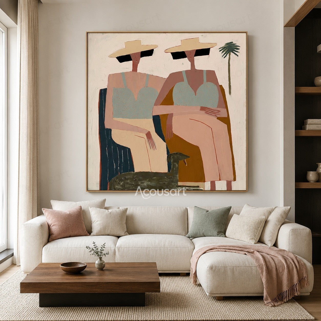 Modern figurative painting of two seated women in hats with a black dog and palm tree