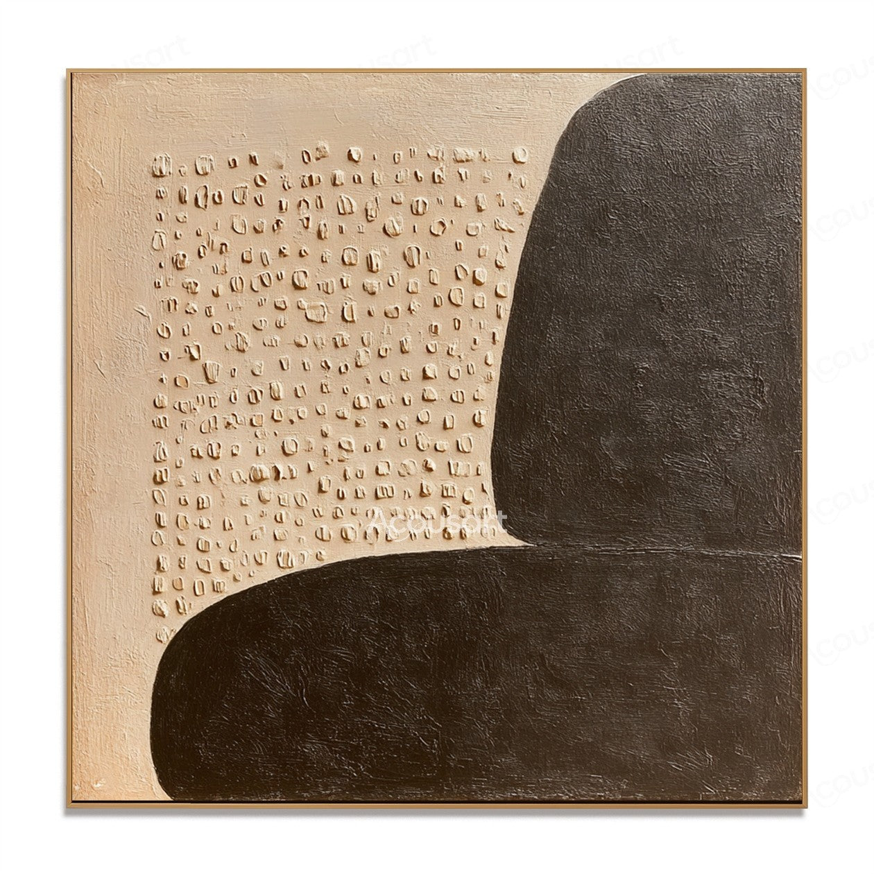 Black and beige textured abstract wall art with large rounded geometric shapes and small raised neutral details