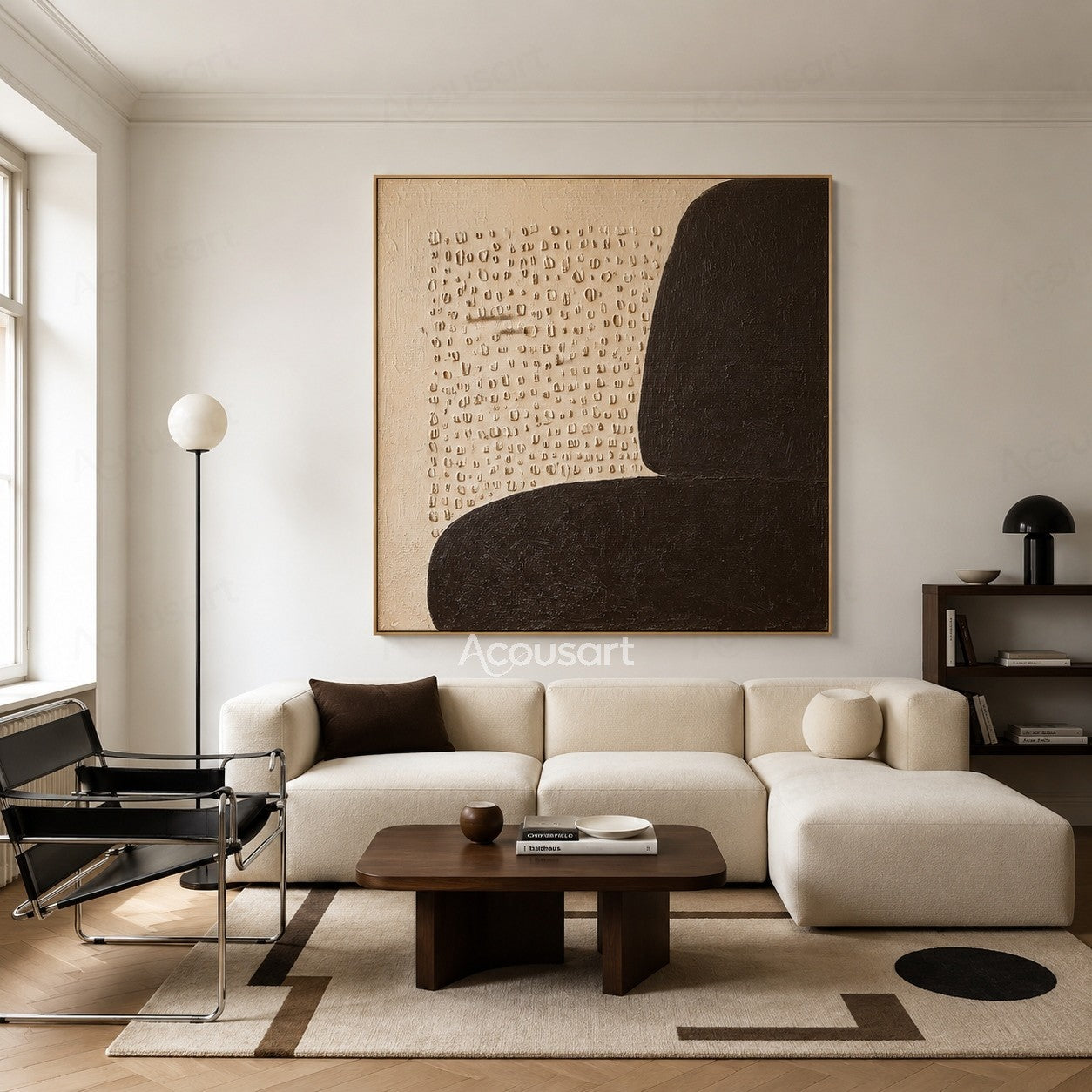 Black and beige textured abstract wall art with large rounded geometric shapes and small raised neutral details