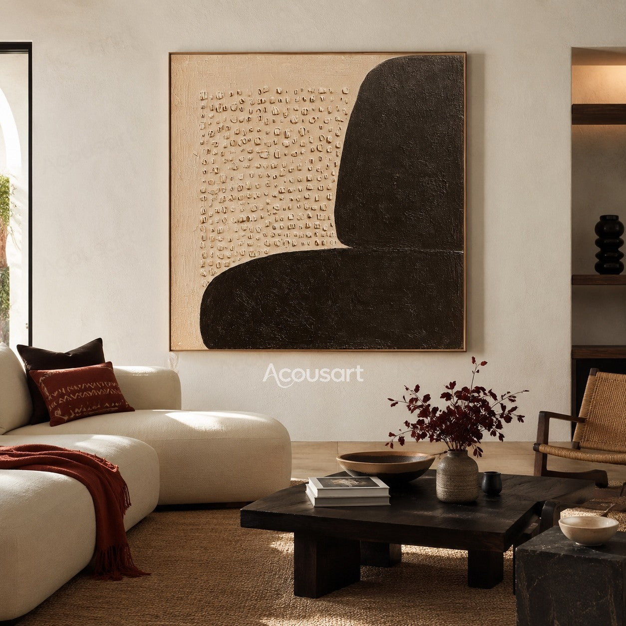 Black and beige textured abstract wall art with large rounded geometric shapes and small raised neutral details