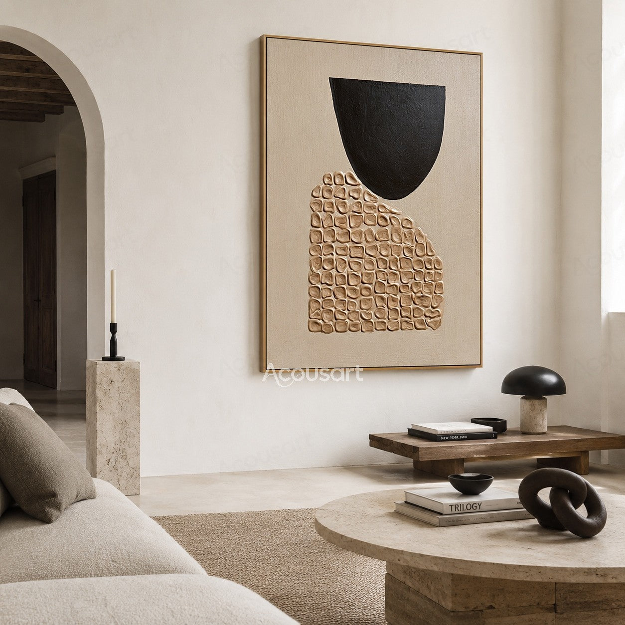 Neutral geometric textured abstract wall art with a black bowl shape and raised beige mosaic details