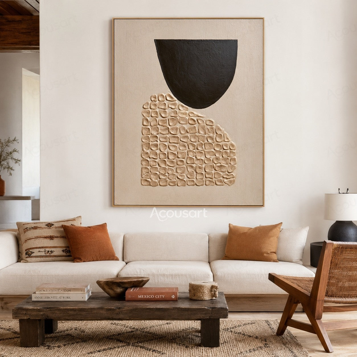 Neutral geometric textured abstract wall art with a black bowl shape and raised beige mosaic details