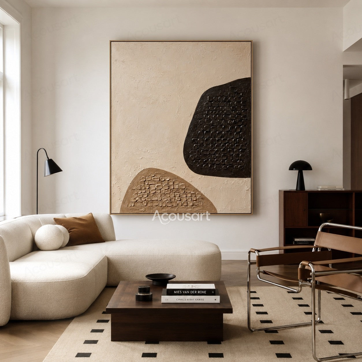 Neutral geometric textured abstract wall art with dark brown and tan organic shapes featuring raised stone-like mosaic details