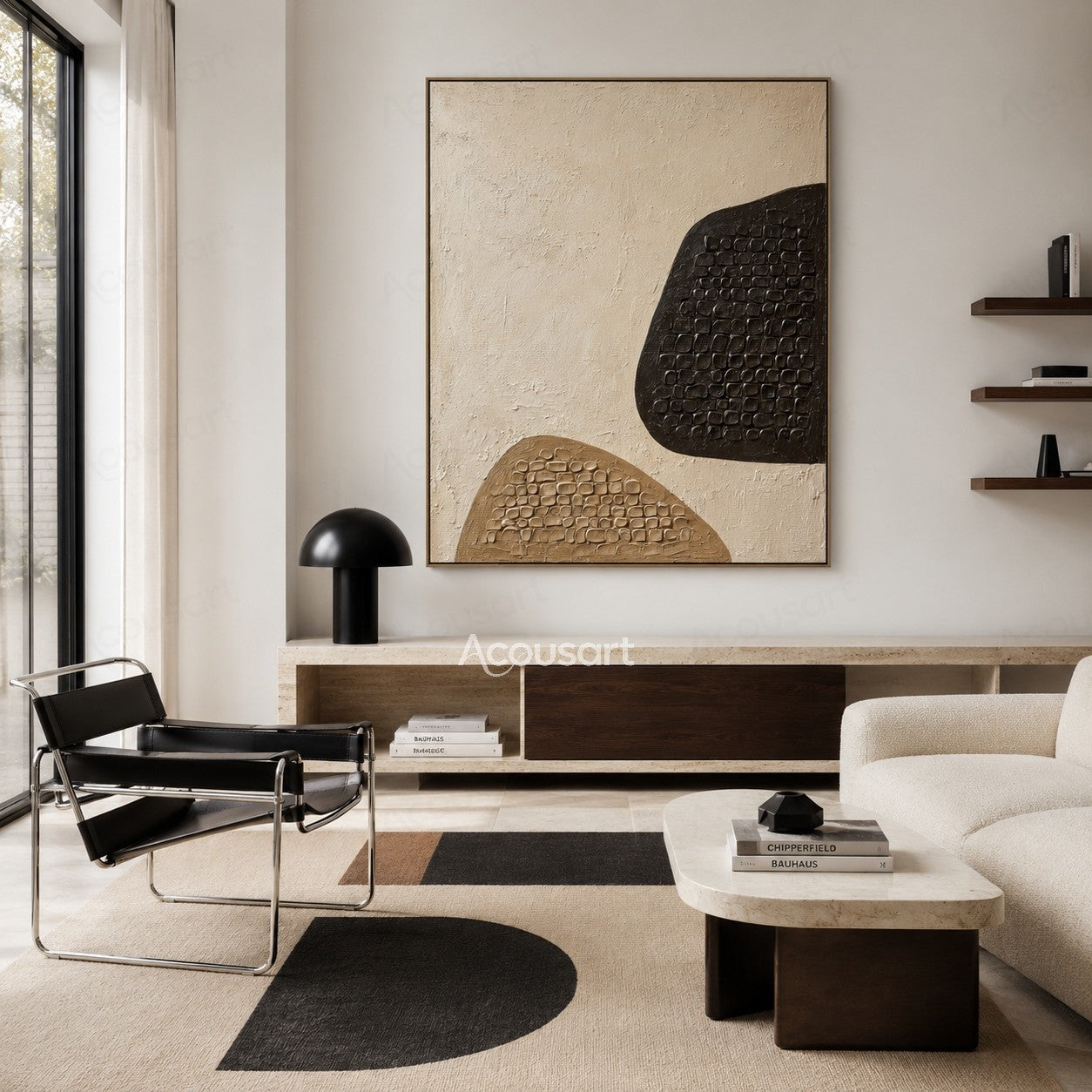 Neutral geometric textured abstract wall art with dark brown and tan organic shapes featuring raised stone-like mosaic details