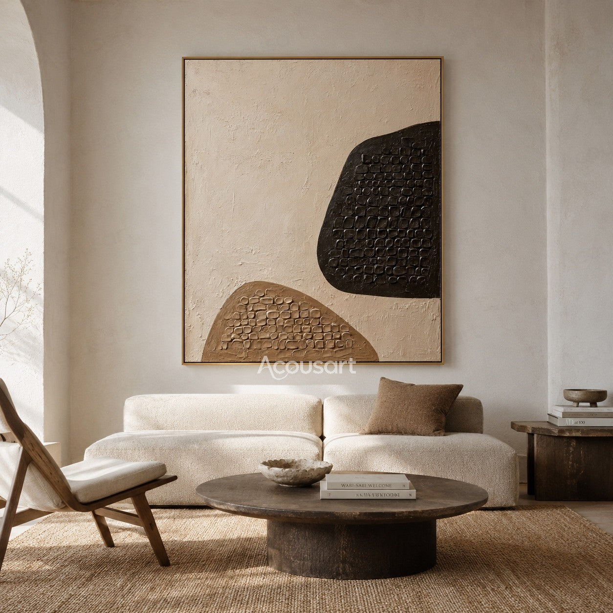 Neutral geometric textured abstract wall art with dark brown and tan organic shapes featuring raised stone-like mosaic details