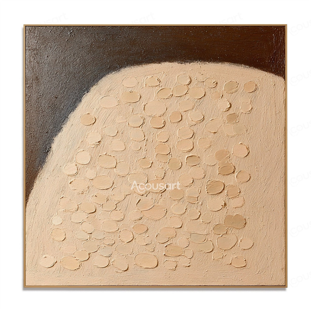 Neutral beige textured abstract wall art with raised pebble-like details and a dark brown charcoal background
