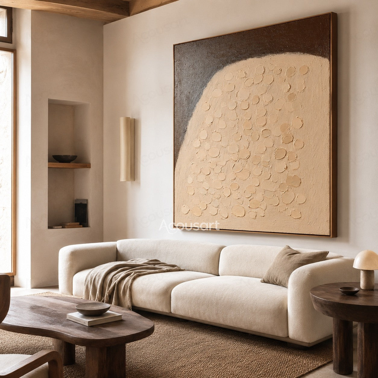 Neutral beige textured abstract wall art with raised pebble-like details and a dark brown charcoal background
