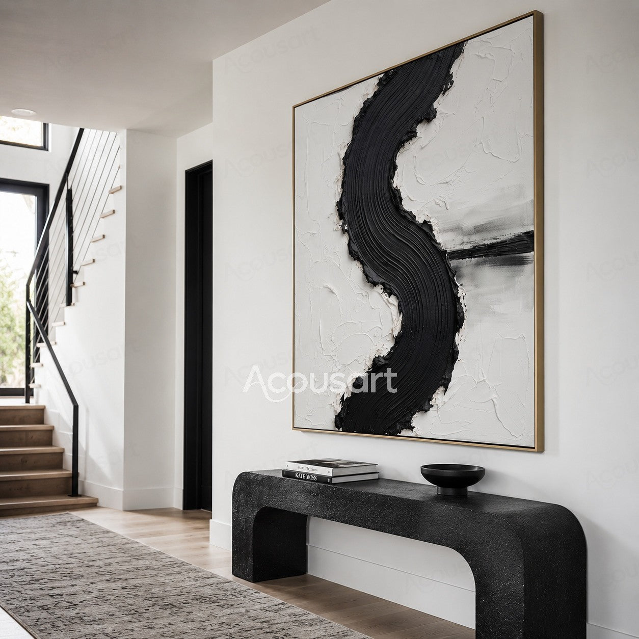 Black curved textured abstract wall art with raised brush lines on a white background