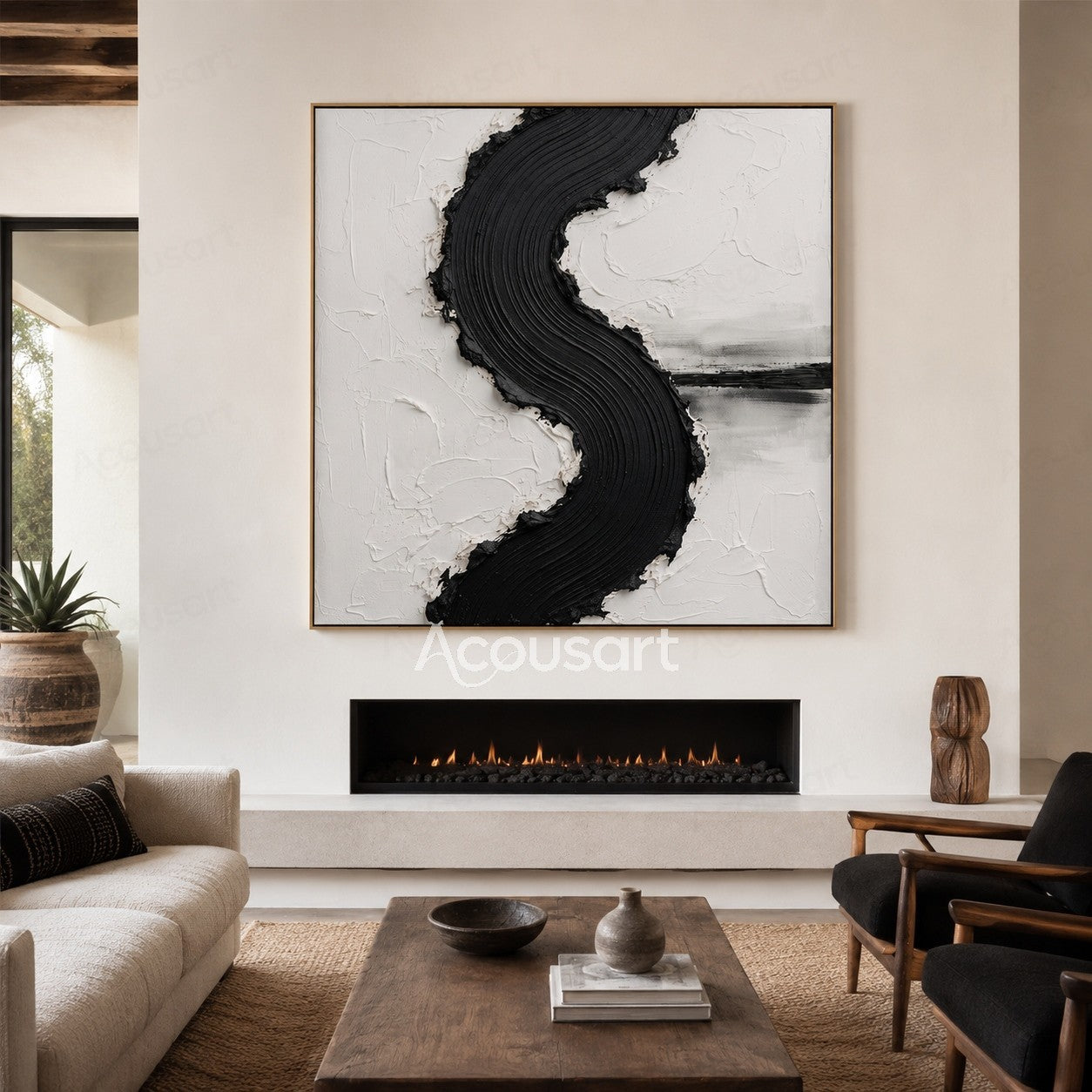 Black curved textured abstract wall art with raised brush lines on a white background