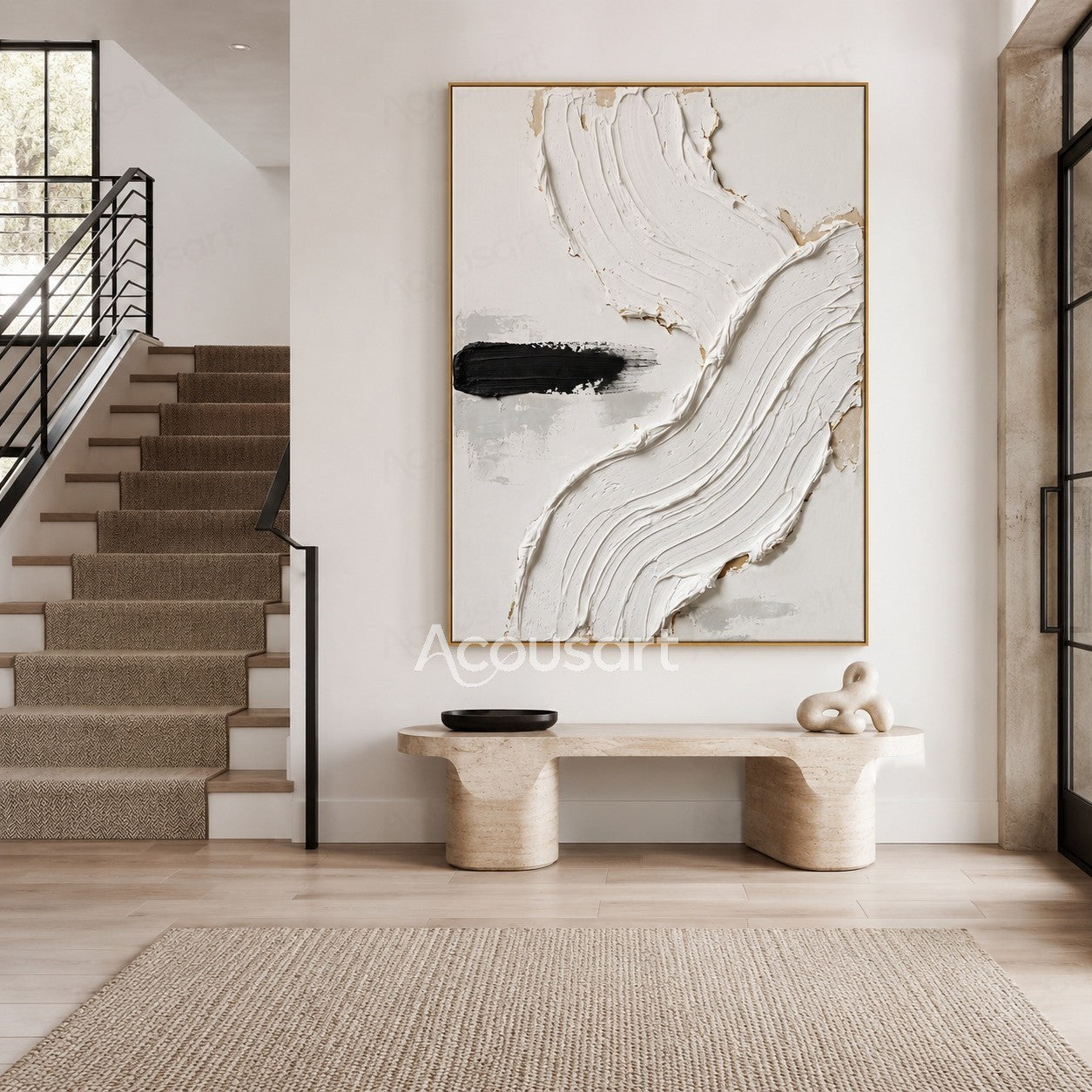 White textured abstract wall art with raised flowing brushstrokes and black accent on a neutral background