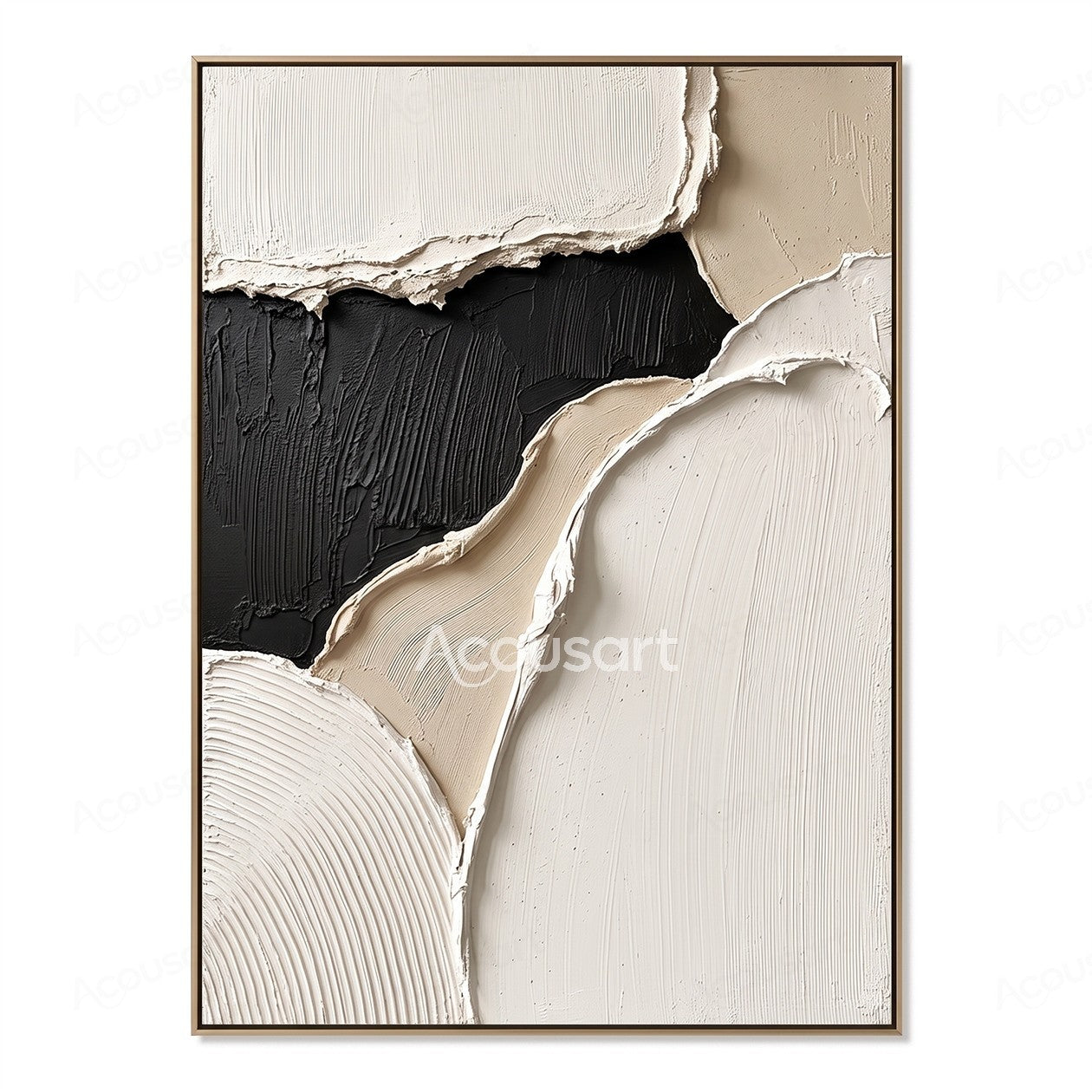 Black white beige textured abstract wall art with layered raised brushstrokes and modern organic shapes