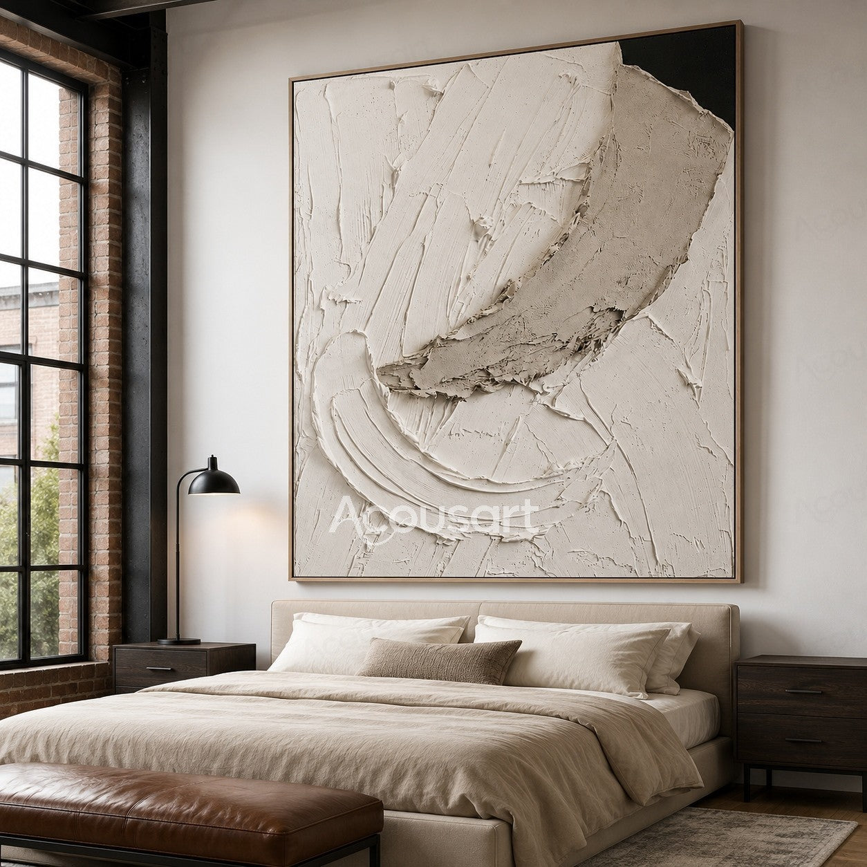 White textured abstract wall art with layered raised brushstrokes and organic stone-like shapes