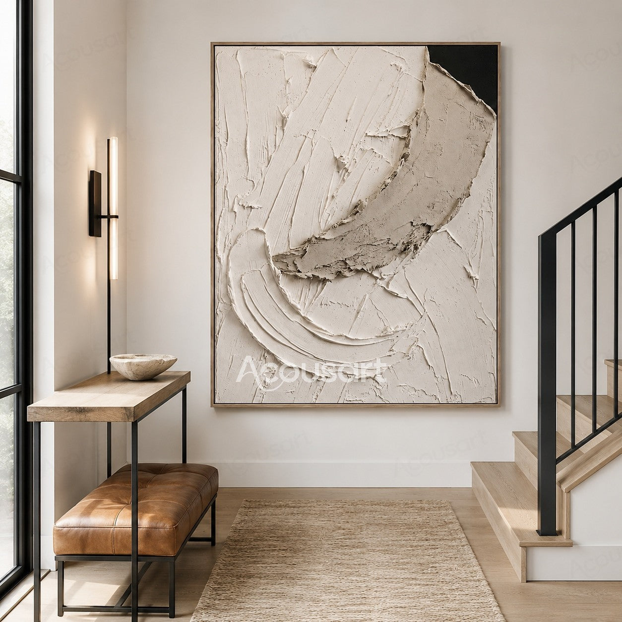 White textured abstract wall art with layered raised brushstrokes and organic stone-like shapes