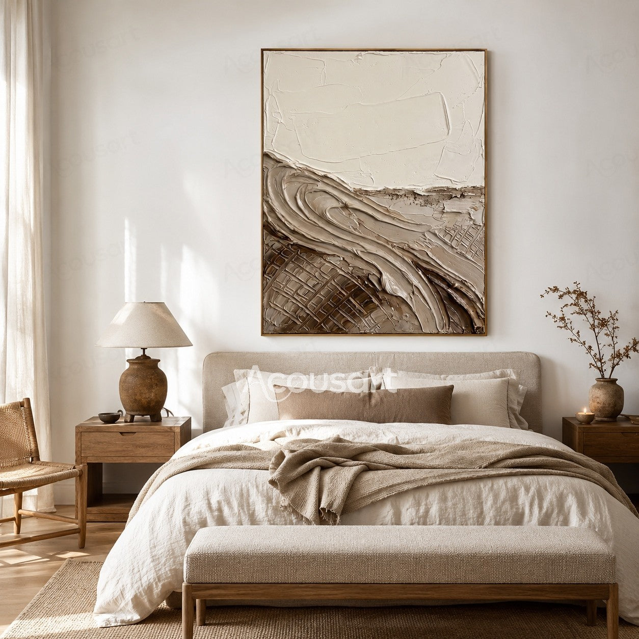 Beige textured abstract wall art with layered organic brushstrokes and natural stone-like shapes